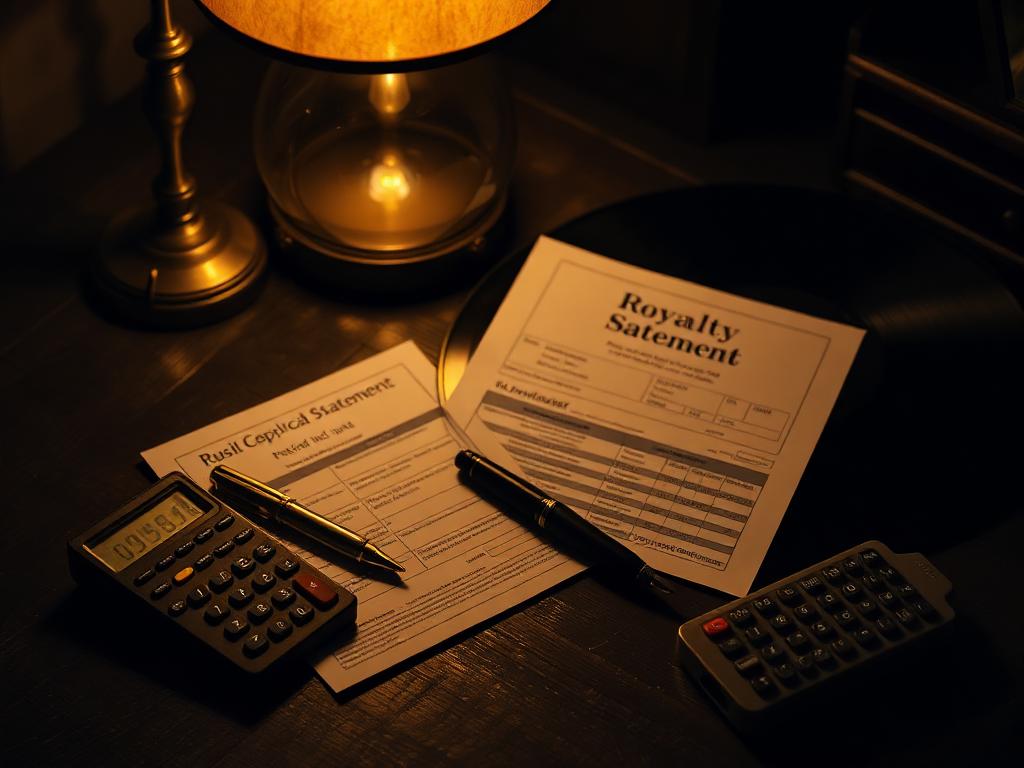 Royalty statement paperwork with pen and calculator under a lamp