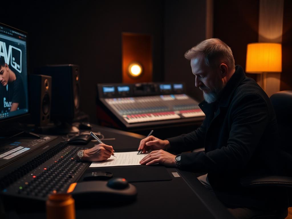 Artist and manager signing a split sheet at a studio desk