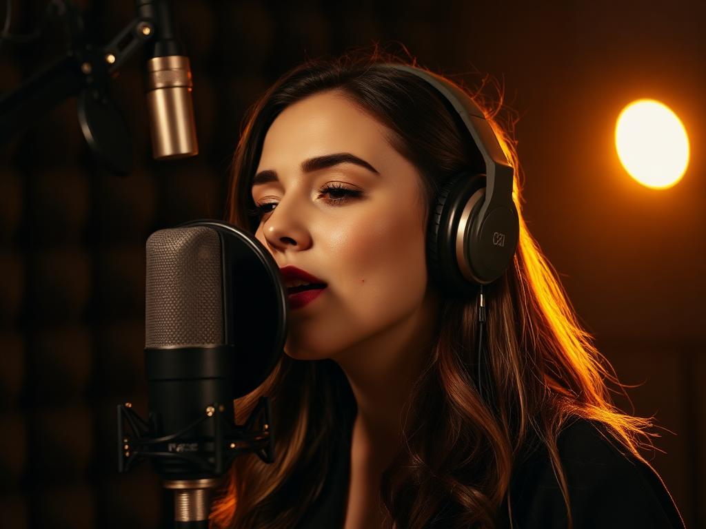 Vocalist recording in a studio booth